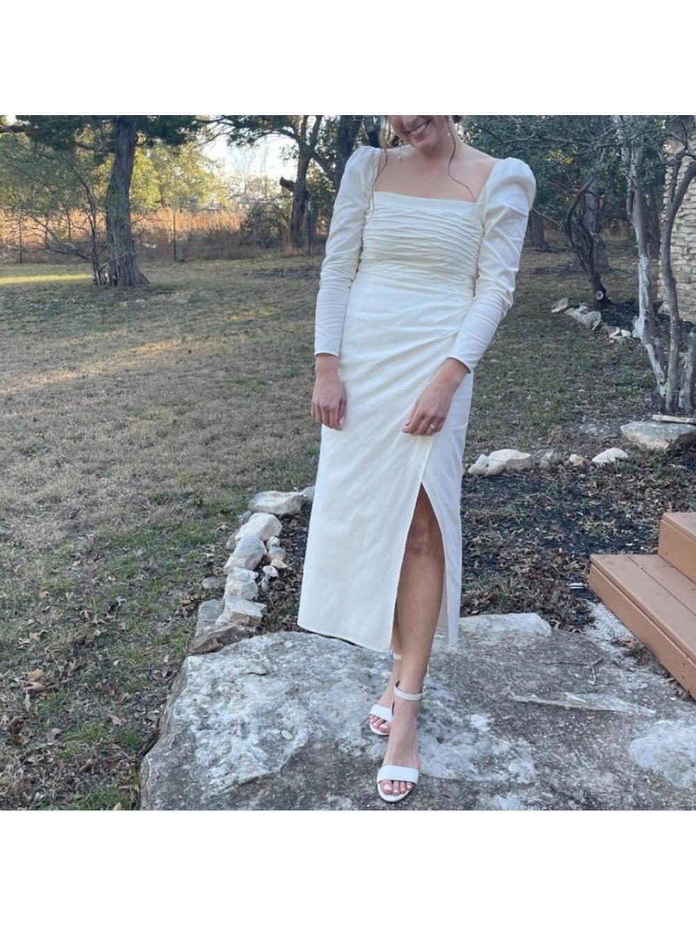Reformation Isaac White Ivory Dress Long Puff Sleeve Gathering Size 12 Cotton